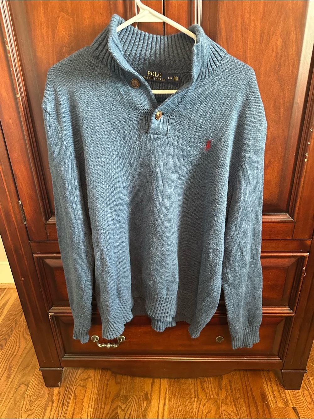 Ralph Lauren Men's Blue V-Neck Quarter-Button Sweater with Red Pony